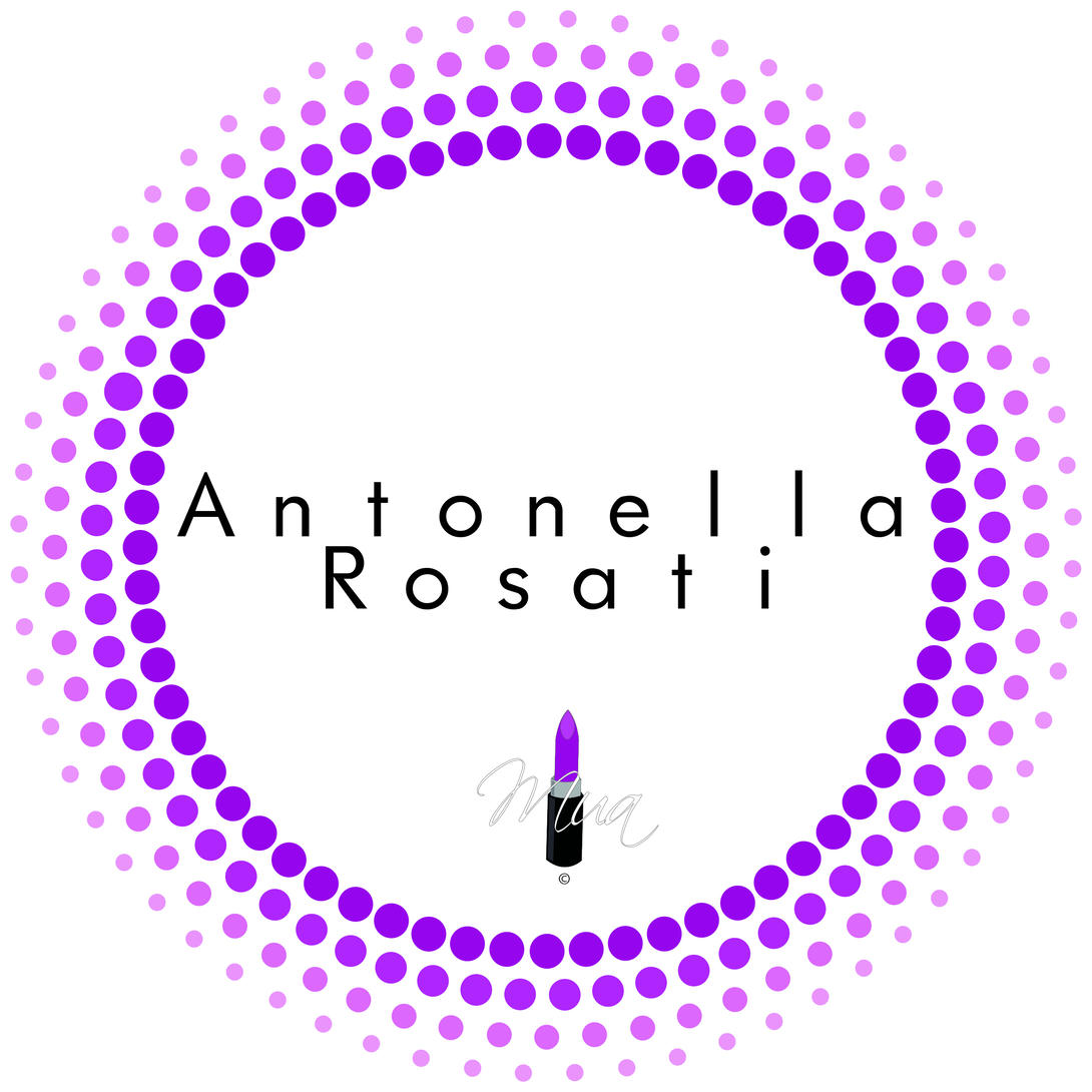 Logo di Antonella Rosati con un design circolare caratterizzato da sfumature di viola e rosa, che include un'icona di rossetto.