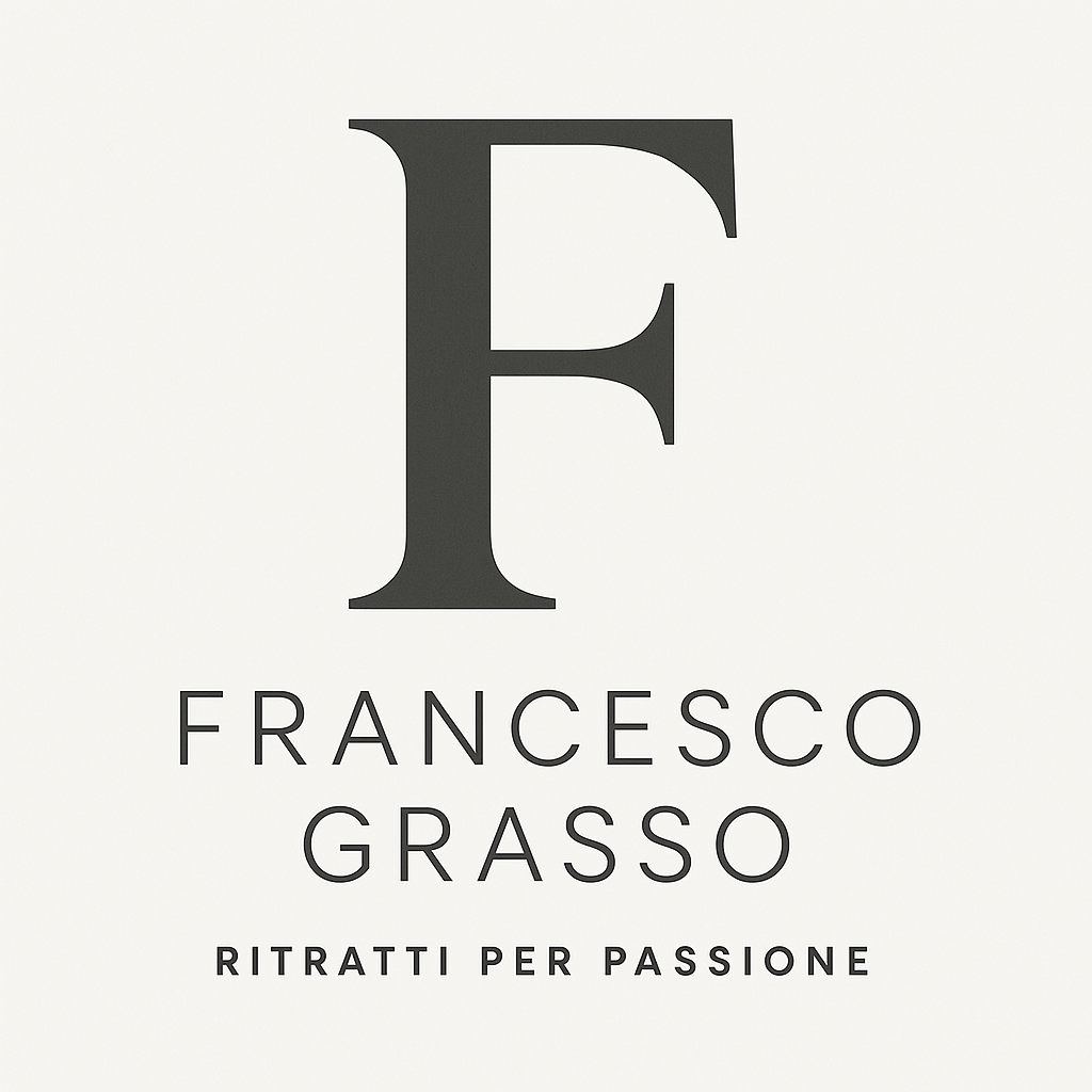 Logo di Francesco Grasso, specializzato in ritratti artistici, con il motto "Ritratti per passione". Design elegante e semplice su sfondo chiaro.